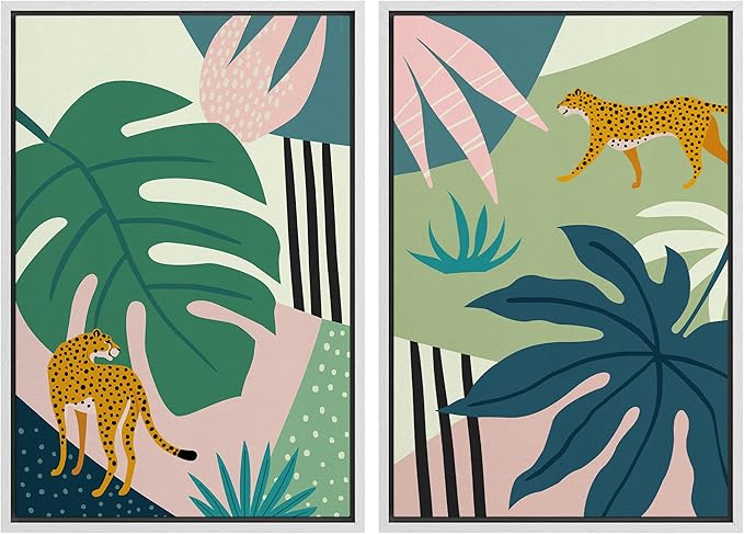 MUDECOR Framed Canvas Print Wall Art Jungle Cheetahs with Tropical Monstera Leaves Abstract Shapes Illustrations Modern Bohemian Nature Colorful for Living Room, Bedroom, Office - 16"x24"x2 White