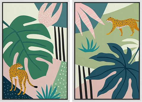 MUDECOR Framed Canvas Print Wall Art Jungle Cheetahs with Tropical Monstera Leaves Abstract Shapes Illustrations Modern Bohemian Nature Colorful for Living Room, Bedroom, Office - 16"x24"x2 White