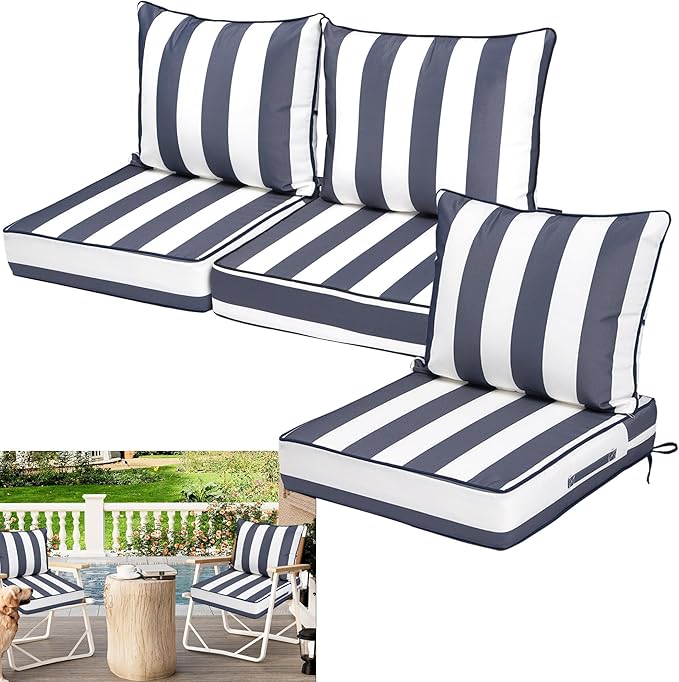 Waterproof Outdoor Chair Cushion Set of 3, 24x24x5 IN Deep Seat Patio Cushions with Fade Resistant Removable Cover,Outdoor Cushions for Patio Furniture with Ties&Handle for Chair Sofa Couch,BlueStripe
