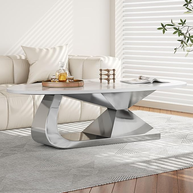 Modern Oval Sintered Stone Coffee Table, 51.2" White and Silver Rectangle Coffee Table with Faux Marble Top & Golden Geometric Stainless Steel Base, Rectangle Tea Center Table for Living Room