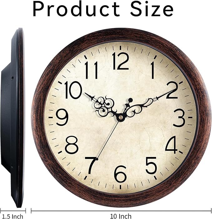 Wall Clock 10 Inch Vintage Wall Clocks Battery Operated Quartz Silent Non-Ticking Retro Rustic Style Clock Decorative for Kitchen,Bathroom, Living Room, Home Office (Bronze)