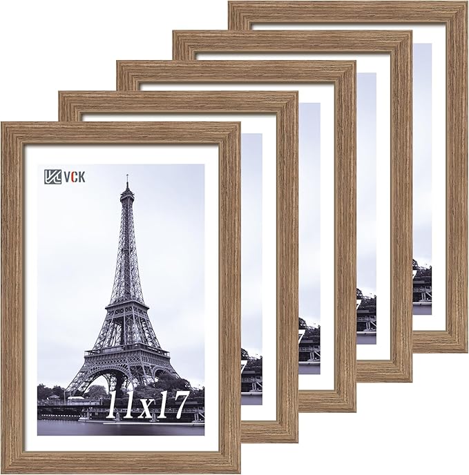 VCK 11x17 Picture Frame Set of 5 - Brown Walnut, Natural Textured Solid Wood Picture Poster Frame, Wall Gallery Frame