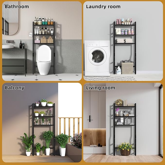 3 Tier Over The Toilet Storage Rack with Toilet Paper Holder, Metal Freestanding Bathroom Shelves with 4 Hooks, Over Toilet Storage Shelf for Bathroom Storage, Black