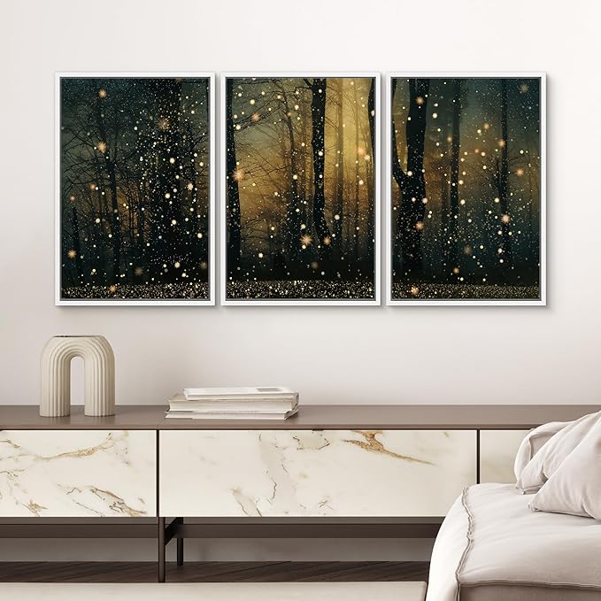 SIGNWIN Framed Wall Art Print Set Enchanted Forest with Fireflies Magical Night Woodland Photography Modern Art Closeup Relax/Calm Dark for Living Room, Bedroom, Office - 24"x36"x3 White