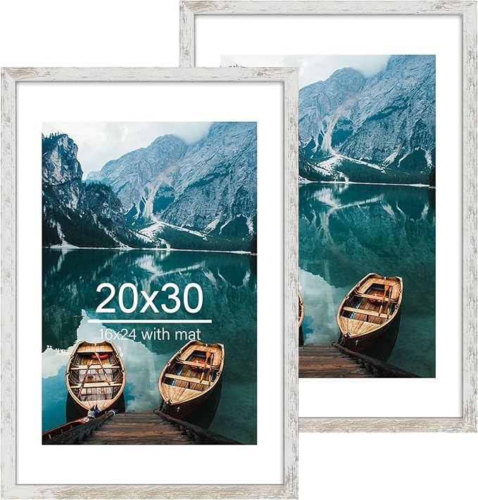 20x30 Frame Set of 2, Distressed White Wood Style - Display 16x24 Picture with Mat or 20 x 30 Poster without Mat, Wall Mounting Horizontal and Vertical