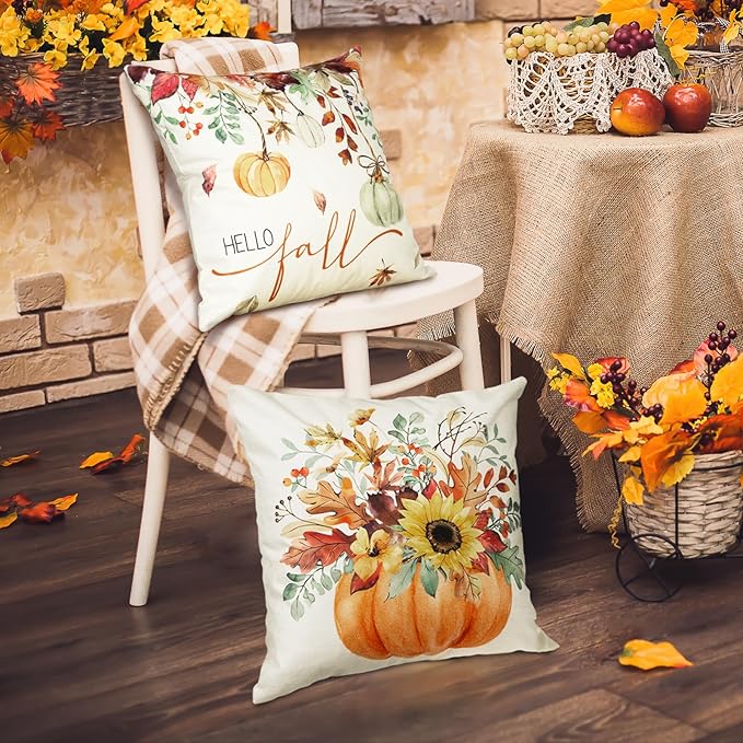 Hello Fall Pumpkin Pillows Decorative Throw Pillows Covers, 18x18 Inch Autumn Thankful Blessed Maple Leaf Harvest Floral Decorations for Sofa Couch Living Room Set of 4
