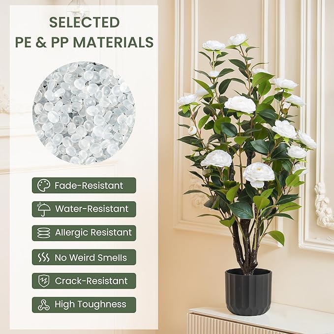 3.2FT Artificial Camellia Trees, White Silk Flowers, Indoor Faux Plants with Realistic Trunk in Black Cement Pot for Home House Living Room Bedroom Office Decor, 2pcs