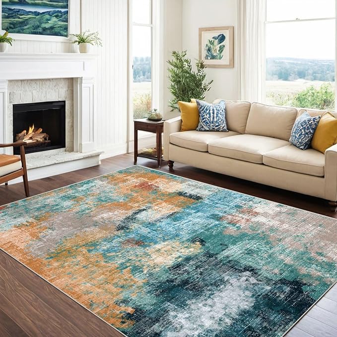 vivorug 5x7 Area Rugs - Ultra-Thin Washable Rug with Non-Slip Backing, Ideal for Living Room, Bedroom, Kitchen Floor Carpet - Modern Abstract, Easy Clean, Durable, Low Pile, Rosy Clouds