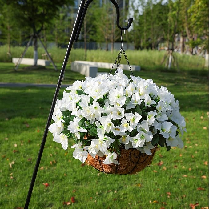 Artificial Hanging Flowers Plant with Basket for Outdoors, Fake Hanging Plants Silk Bougainvillea in Planter Look Real UV Resistant Faux Flower for Porch Patio Garden Home Decor (White-New)