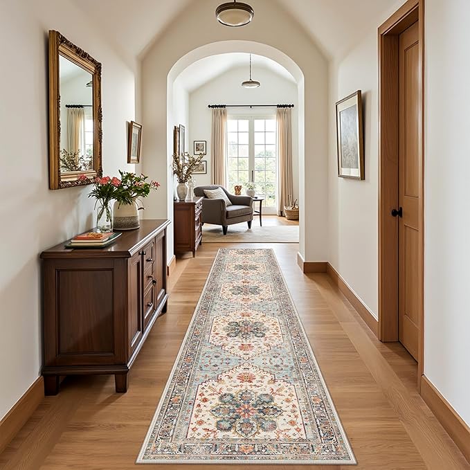 GENIMO 2X10 Runner Rugs for Entryway,Machine Washable Vintage Floor Cover Foldable Modern Non Slip Rug, Low Pile Soft Carpet Floral Print Mat for Indoor Entryway/Bathroom/Kitchen/Carpet,Sky Blue