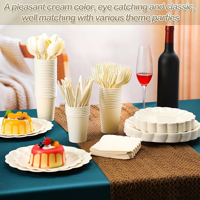 Newtay 350 Pcs Scalloped Paper Plates Shell Edge Disposable Tableware Cocktail Napkins Cups Plastic Spoons Forks Knives for Wedding Baby Shower Picnic Birthday Party Supply for 50 Guests (Cream White)