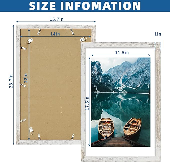 14x22 Picture Frame Set of 2, Distressed White Wood Style - Display 14 x 22 Picture without Mat or 12x18 Picture with Mat, Wall Mounting Horizontal and Vertical