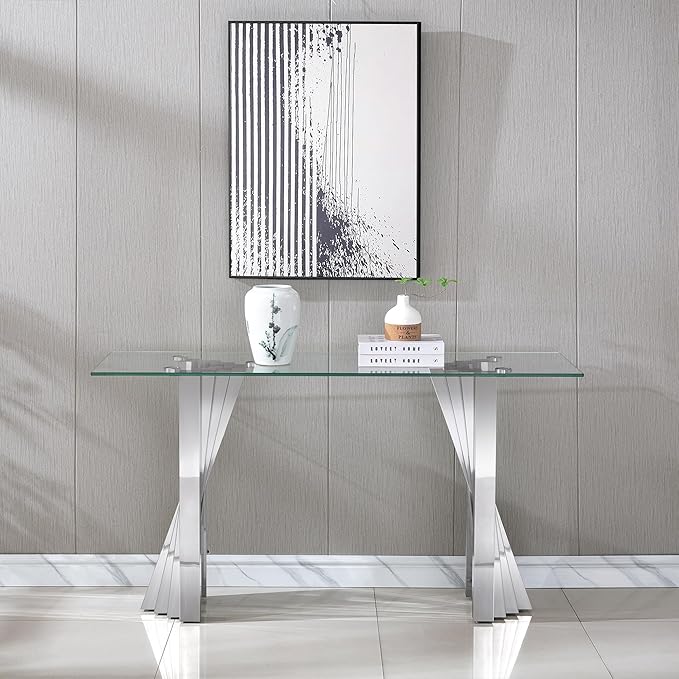 Glass 4 Piece Living Room Table Sets,4-Piece Table Set Includes 1 Glass Coffee Table and 1 Console Table and 2 End Tables with Stainless Steel Frame,Modern Coffee Table Set of 4 for Living Room