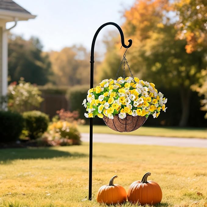Artificial Hanging Flowers with Basket, Faux Silk Petunias Flower Arrangement, Coconut Lining with Morning Glories Fake Plants Patio Garden Porch Deck Fall Decor(Yellow and White)