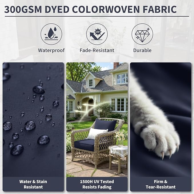 Premium Outdoor Seat Cushion Chair Cushions for Patio Furniture 24 L X 24 W X 5 H Waterproof & Fade Resistant Deep Seat and Backrest Cushion Set with Removable Covers for Chair, Sofa