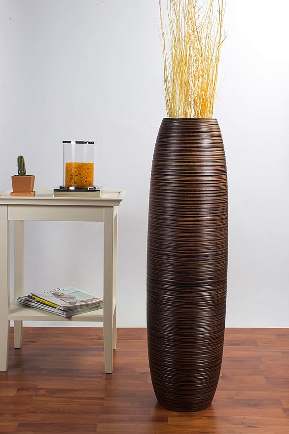Leewadee Large Brown Home Decor Floor Vase – Wooden 34 inches Tall Farmhouse Decor Flower Holder for Fake Plant and Pampas Grass