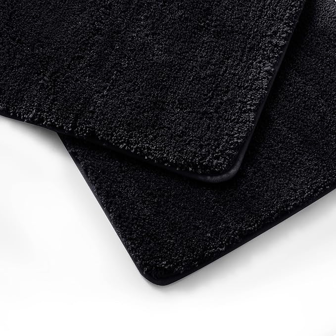 YHF Bathroom Rug Set 2 Piece, Extra Thick & Soft Microfiber Shaggy, Machine Washable Bath Mats, Absorbent Bath Rugs, Non-Slip Rubber Backing Bath Mat for Bathroom Floor, Tub and Shower, Black
