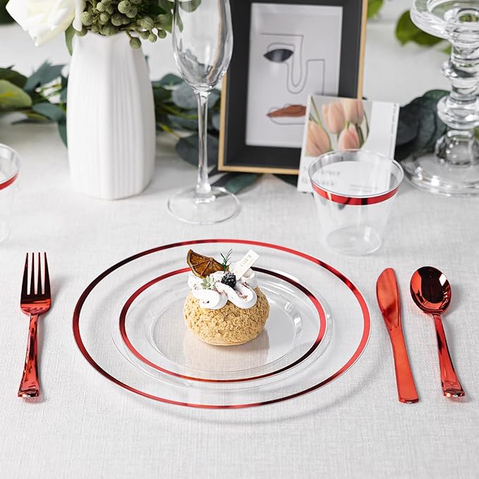 N9R 600PCS Red Disposable Plates, Heavy Duty Plastic Dinnerware Set for 100 Guests Includes 100 Dinner & Dessert Plates, Cups, Spoons, Forks, and Knives, Perfect for Parties, Weddings,and Daily Use