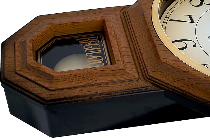 JUSTIME Traditional Schoolhouse Gradient Arabic Regulator Wall Clock, Chiming Wall Clocks with Pendulum & Westminster Chime Hourly, Schoolhouse Wall Decor Battery Operated (Light Wood Grain)