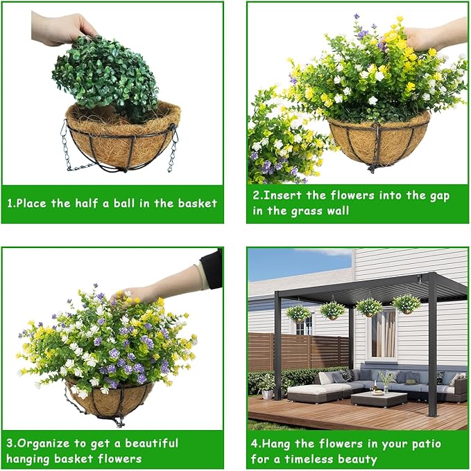 Artificial Hanging Flowers Basket, 12 UV-Resistant Bundles of Realistic Fake Flowers, Faux Plants for Outdoor Decor, Home, Garden, Porch, Patio, Spring & Summer Decorations, Yellow Purple White