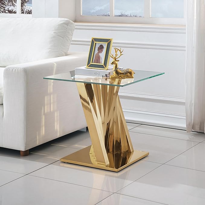 Glass 3 Piece Living Room Table Sets,3-Piece Table Set Includes 1 Console Coffee Table and 2 End Tables with Stainless Steel Frame,Modern Coffee Table Set of 3 for Living Room (Gold)