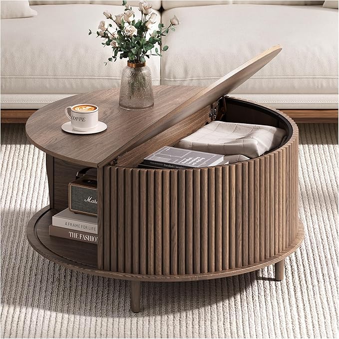 Round Coffee Table with Storage,31.5" Mid Century Modern Coffee Table with Hidden Compartment,Fluted Center Table for Living Room,Home Small Space,Walnut