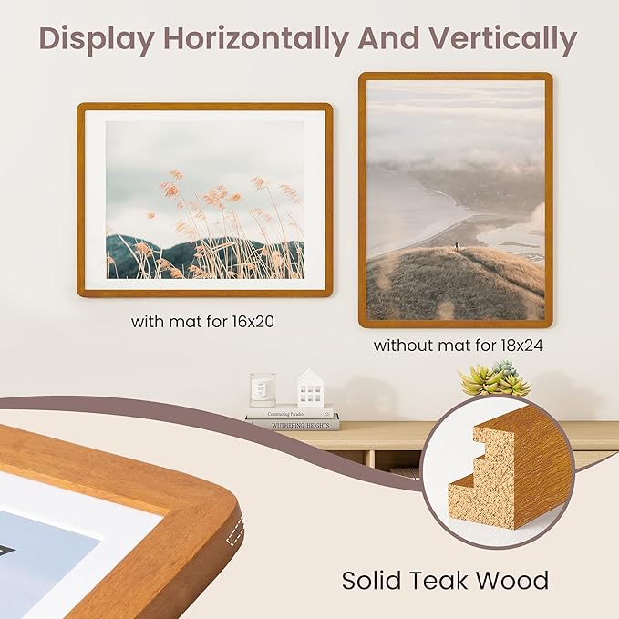 18 x 24 Poster Frame - Solid Teak Wood 24x18 Frame, 18 x 24 Picture Frame With Mat For 16x20, Tempered Glass and Hanging Hardware Included, Puzzle Frame 18''x24'' Wood, Natural Teak