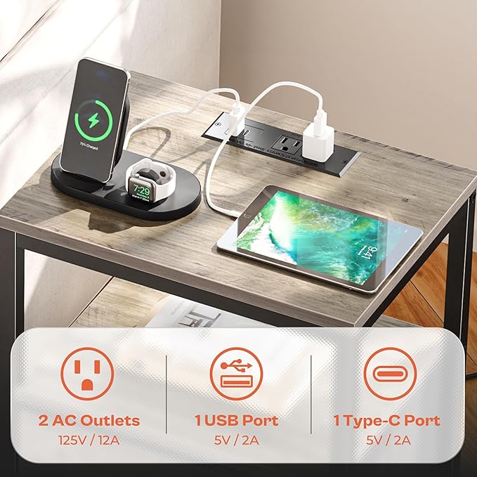 SUPERJARE Nightstand with Charging Station, Bed Side Table with Adjustable Fabric Drawer, Night Stand for Bedroom, 3-Tier Storage End Table, for Living Room, Oak