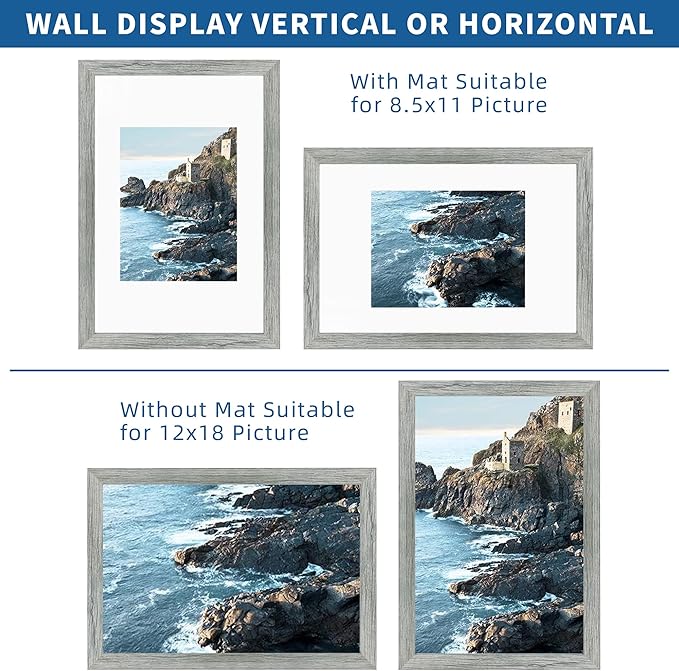 12x18 Frame Set of 2, Rustic Grey Wood Style, Display 12 x 18 Poster without Mat or 8.5x11 Picture with Mat, Wall Mounting Horizontal and Vertical