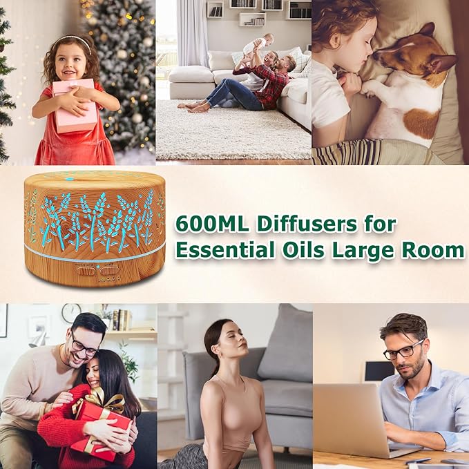 Diffusers for Essential Oils Large Room,600ml Essential Oil Diffusers for Home,Waterless Auto Off 7 Colors Changed 3 Mist Modes,Cool Mist Humidifiers for House Bedroom Decor,Gifts,Light Wood