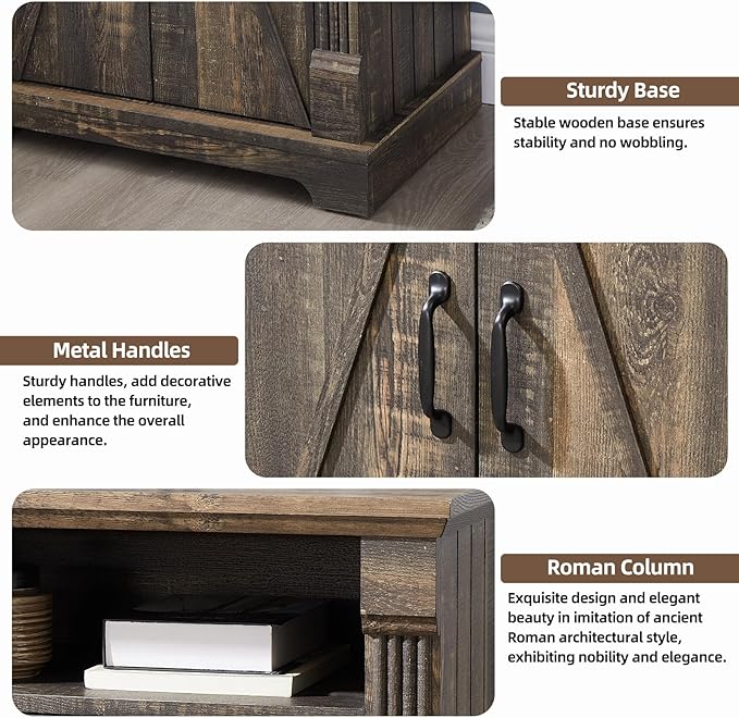 Farmhouse Bathroom Floor Cabinet, Freestanding Storage with Double Doors and Adjustable Shelves, Wooden Small Cabinet for Living Room, Bathroom, Dark Rustic Oak