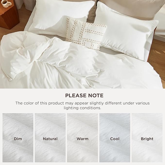 Bedsure 100% Stone Washed Cotton Duvet Cover Queen Size - White Minimalist Cotton Duvet Cover Linen Like for All Seasons - GentleSoft™ Plain Simple Bedding, 3 Pieces (White, Queen, 90"x90")