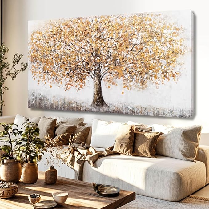 NBAODAN Tree Canvas Wall Art Abstract Gold Wall Decor for Living Room Landscape Art Modern Artwork for Office Plant Canvas Prints 24"x 48"