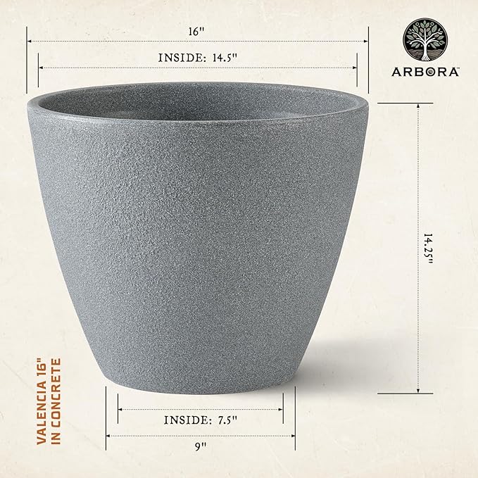 ARBORA 16" Valencia Polyresin Indoor and Outdoor Planter with Stone Blend Concrete Gray Finish - Durable, Weatherproof, Lightweight, Large Plant Pot for Patio, Garden, Deck, Entryway