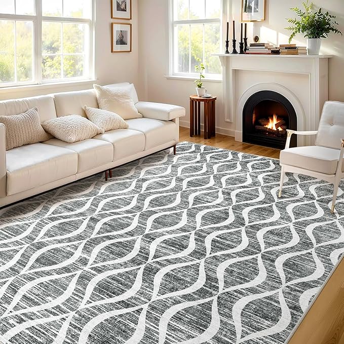 WITSHOCK Boho 8x10 Rugs for Bedroom - Washable Non-Slip Large Thin Indoor Rug for Living Room Dining Room, Soft Modern Geometric Low Pile Print Dark Grey Carpet for Nursery, Kid & Pet Friendly