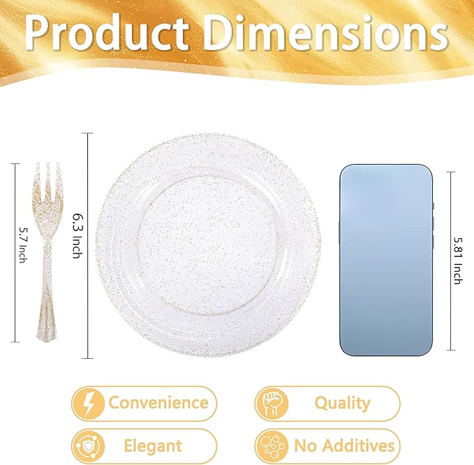 WELLIFE 120 Guests Gold Glitter Plastic Plates and Dessert Forks, 6.5 inch Disposable Dessert Plates, Durable Plastic Small Forks, Perfect for Catering, Parties &Weddings, regular