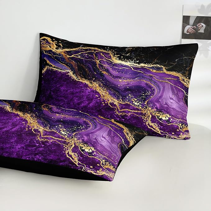 Black Gold Comforter Set Purple Marble Bedding Set Queen Size Black Marble Stone Abstract Artwork Bedroom Decor Black Marble Comforter Sets for All Season