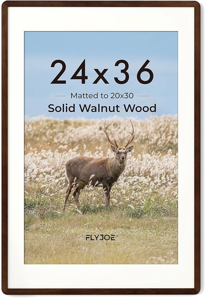 24x36 Poster Frame - Solid Walnut Wood 24 x 36 Picture Frame, 24x36 Poster Frame With Mat For 20x30, Tempered Glass and Hanging Hardware Included, 36 By 24 Photo Frame Wood, Natural Walnut