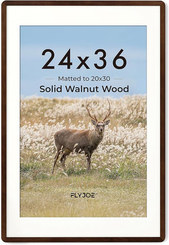 24x36 Poster Frame - Solid Walnut Wood 24 x 36 Picture Frame, 24x36 Poster Frame With Mat For 20x30, Tempered Glass and Hanging Hardware Included, 36 By 24 Photo Frame Wood, Natural Walnut