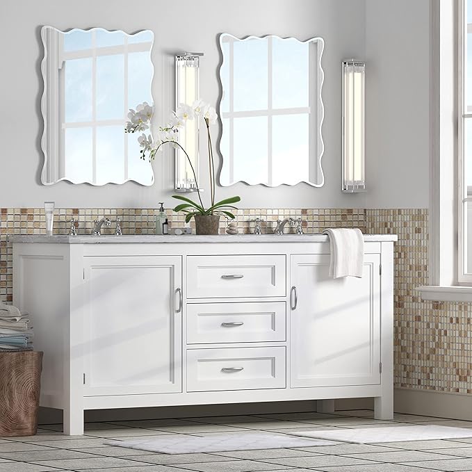 KOHROS Wavy Wall Mirror Frameless Bathroom Mirrors for Over Sink 18” x 24" Beveled Edge Mirror for Vanity and Entryway Hang Horizontally or Vertical