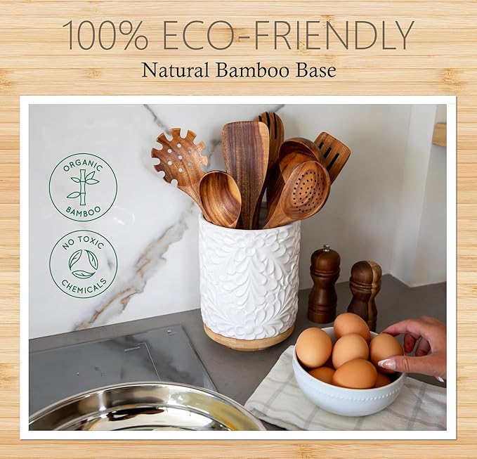 Extra Large 360° Rotating Utensil Holder for Kitchen Counter, 8.3” Cooking Utensil Holder for Countertop with Bamboo Base, White Ceramic Utensil Crock Canister for Cooking Utensils - Engraved Design