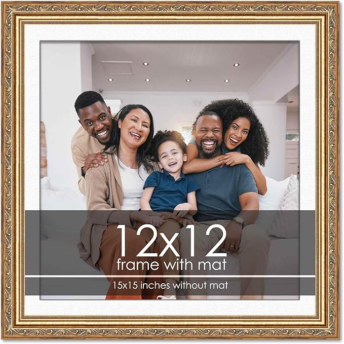 12x12 Frame with Mat - Antique Gold 15x15 Frame Wood Made to Display Print or Poster Measuring 12 x 12 Inches with White Photo Mat