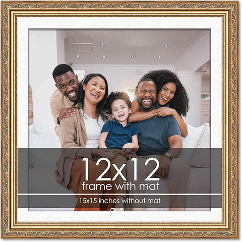 12x12 Frame with Mat - Antique Gold 15x15 Frame Wood Made to Display Print or Poster Measuring 12 x 12 Inches with White Photo Mat