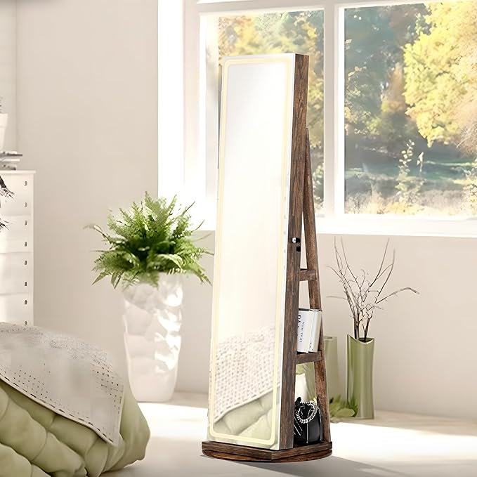 LED Mirror Jewelry Cabinet Standing, Jewelry Armoire with Full-Length Mirror, 360° Swivel Jewelry Cabinet with Adjustable LED Lights, Rustic Brown