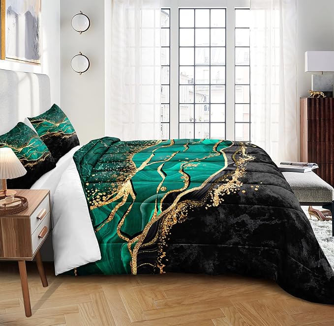 Green Gold King Size Comforter Set, Black Marble Bedding Set, Emerald Green King Bed Comforter Set Abstract Home Decor