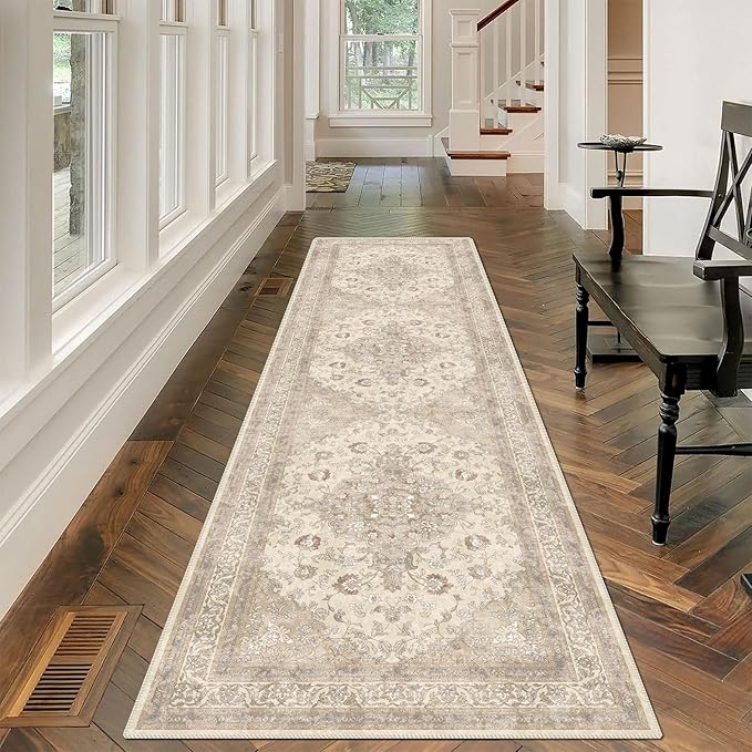 vivorug Beige Runner Rug 2x10 Machine Washable Rug with Non-Slip Backing, Ideal for Kitchen Hallway Entryway Laundry Room - Vintage, Durable, Easy Clean, Low Pile Carpet Runner
