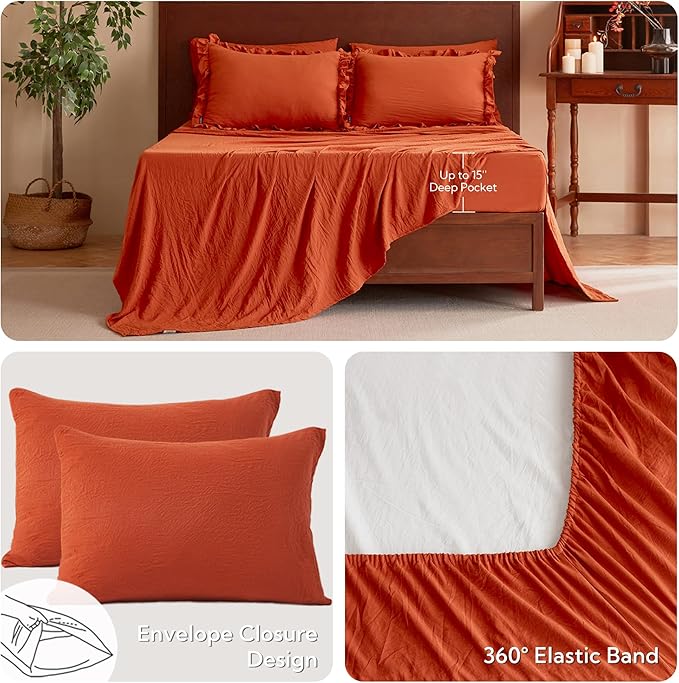 MR&HM Full Ruffle Comforter Set Terracotta, Farmhouse Shabby Chic Bedding Set, Boho Bed in a Bag Set 7 Pieces with 1 Comforter, 1 Flat Sheet, 1 Fitted Sheet, 2 Pillowcases & 2 Pillow Shams