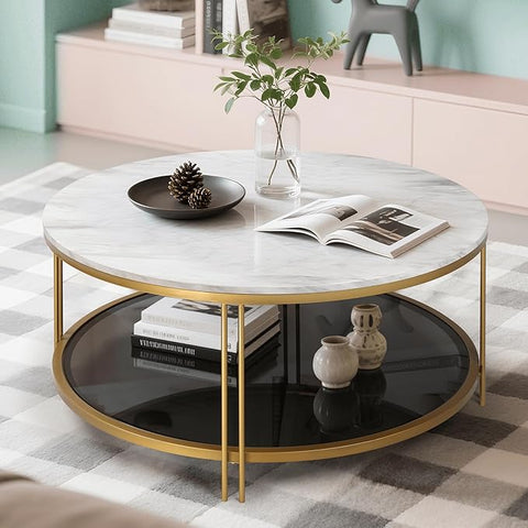 Modern Round Coffee Table with Faux Marble Top, Smoky Tempered Glass Shelf, Gold Metal Frame, 36" Living Room Center Table with Storage