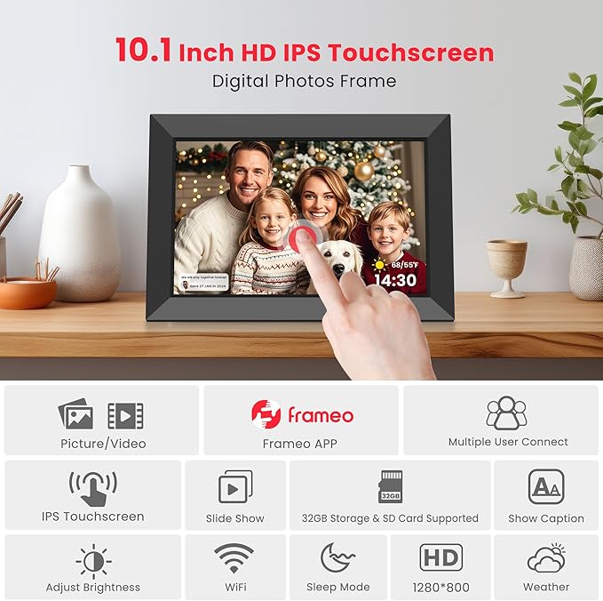 Frameo 10.1 Inch Digital Picture Frame, Smart WiFi Electronic Photo Frame with HD IPS Touch Screen Slideshow Display 32GB Memory Auto-Rotate Wall Mount, Share Photos/Videos from Phone by Frameo App