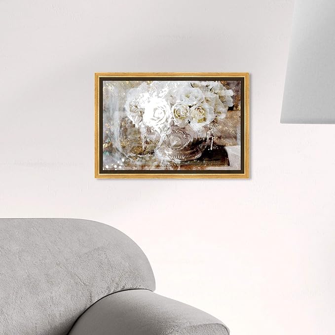 The Oliver Gal Artist Co. Floral and Botanical Framed Wall Art Canvas Prints 'Serving Roses' Florals, White/Gold, 15" x 10"